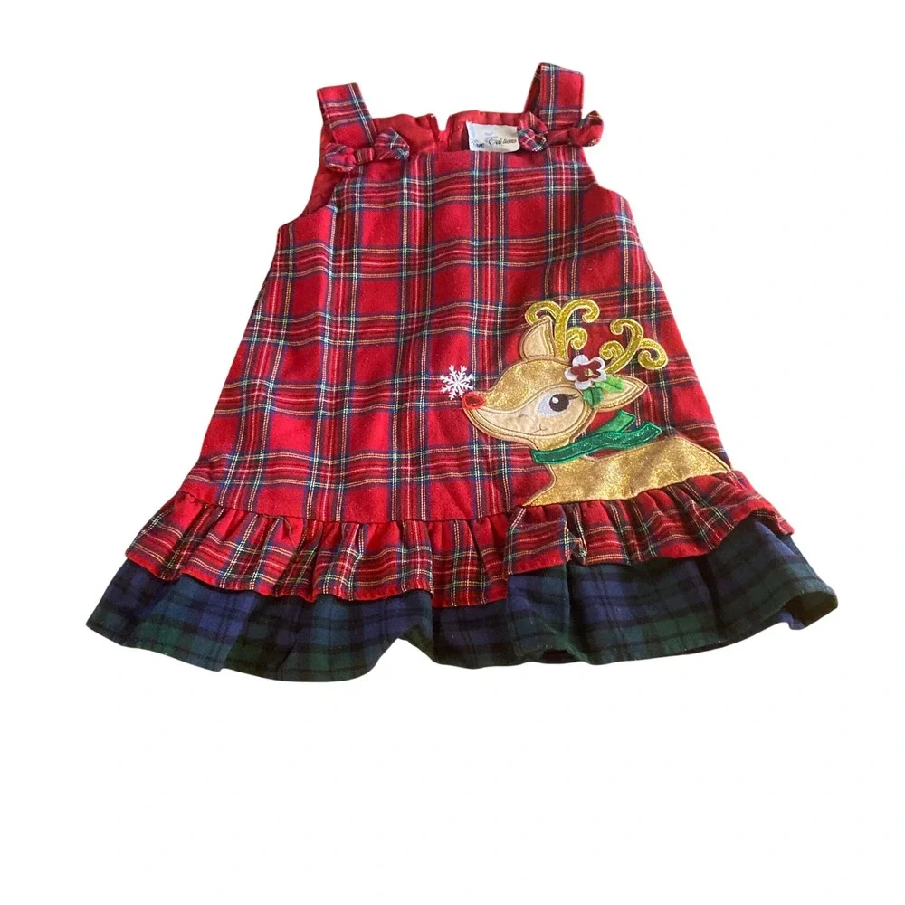 Rare Editions Plaid Jumper Kids Red Excellent Reindeer Holiday Dress SIZE 4